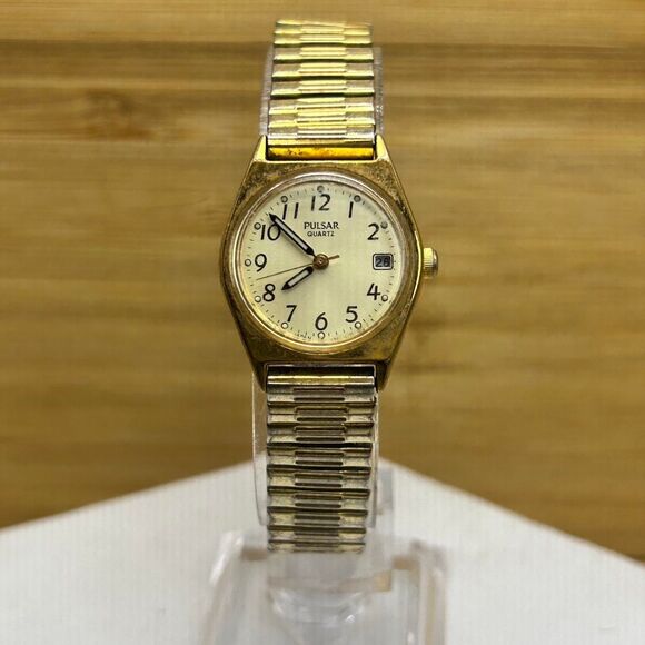 Pulsar Watch Women Stainless Gold Stretch Date Water Resistant Champagne Quartz - Picture 2 of 4